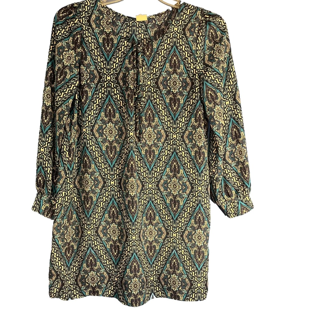 Pink Owl Anthropologie Blue Teal Medallion Print Long Puff Sleeve Mini Dress M